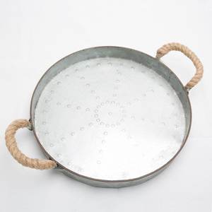 Plateau de service rond en métal galvanisé au design moderne pour ustensiles de cuisine, table à manger, plateau de service avec poignée en corde - Product Image 1