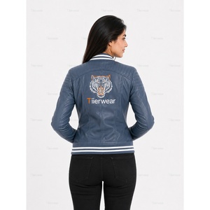Women's Blue PU Leather Bomber <b>Jacket</b> With <b>White</b> Stripe Trim Full Sleeve Zipper Closure Stand Collar Autumn Style - Product Image 4