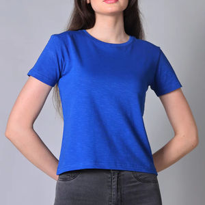 Supra Blue Crop Top 5% Spandex 95% algodón manga corta cuello estampado Slim Fit Casual Knit Fitted Shirt Basics Tee - Product Image 1