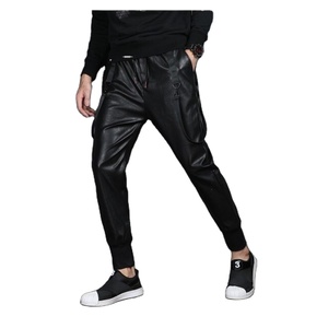 Men's High Waist Faux Leather Sweatpants Street Style <b>Hip</b> Hop Ankle Cuffed Jogger Pants with Drawstring Elastic Casual Trousers - Product Image 2