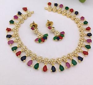 Ensemble de collier et de boucles d'oreilles en or plaqué de haute qualité avec des perles de CZ véritables pour un port moderne de mariage pour femmes - Product Image 1