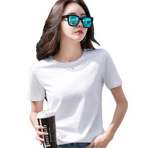 Camisetas informales para mujer, Camiseta ajustada de manga corta para mujer, 100% algodón, logotipo liso en blanco, cuello redondo personalizado - Product Image 2