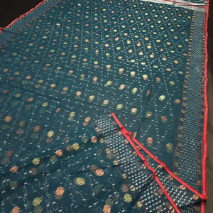 Calidad de exportación exclusiva Deshi Dhakai Green Jamdani Sharee para mujeres JAMDANI FABRIC Blue GREEN Golden Sky Blue de Bangladesh - Product Image 1