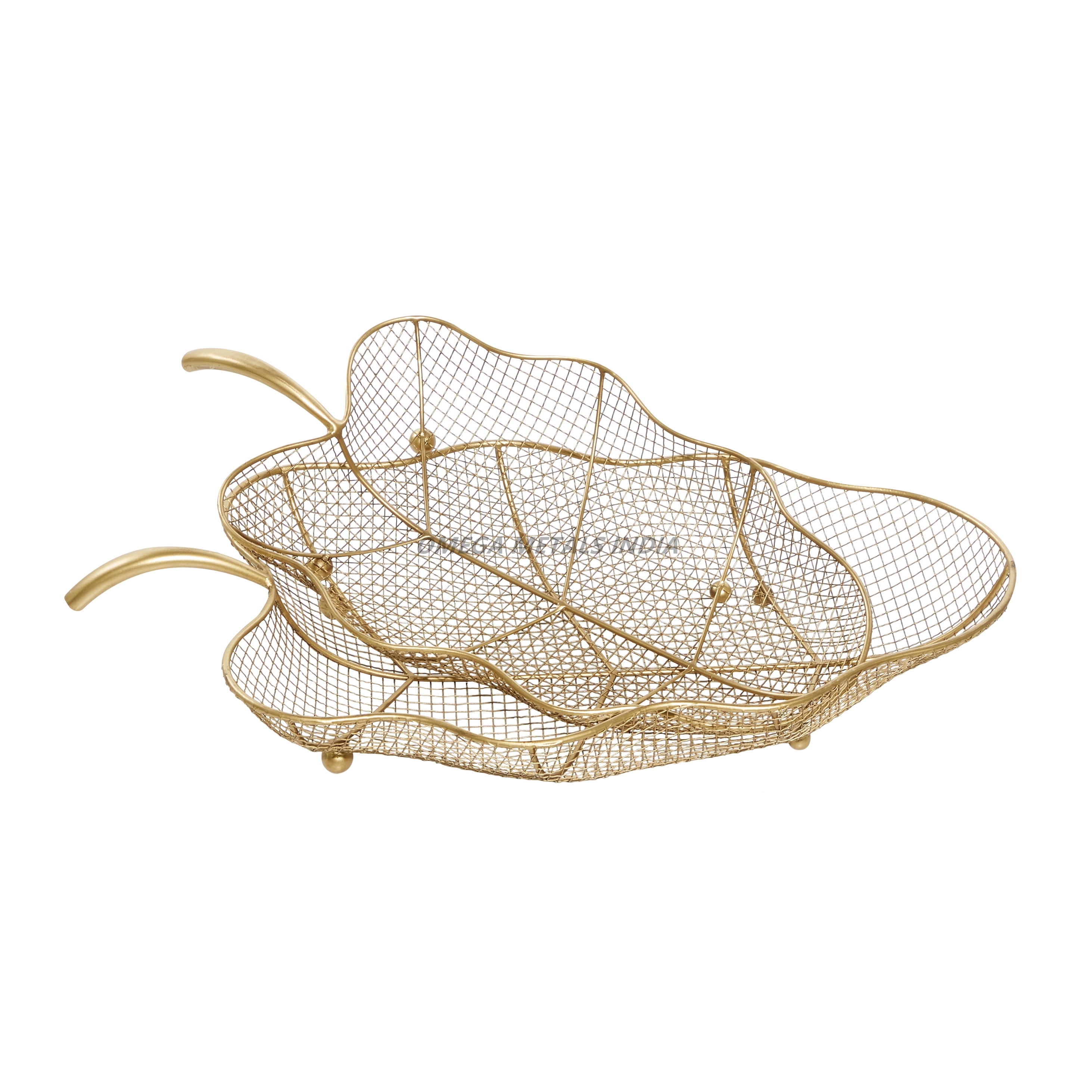Elegant Design Gold Leaf Shaped Serving Tray With Intricate Wire Mesh and Dual Handles Perfect for Stylish Home Display