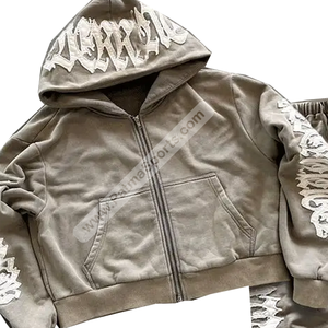 High Manufacturer's Custom Distressed <b>Embroidery</b> Breathable Plus Size Unisex Hooded Winter 100% Cotton Lightweight 2 1 <b>Sets</b> - Product Image 3