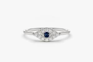 14K oro sólido mal de ojo Zirconia cúbica anillo de diamante corte redondo zafiro azul anillo de compromiso buena suerte mejores deseos regalo para mujeres - Product Image 3