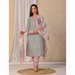 ชุดคุรตะผ้าฝ้ายพิมพ์ลายบล็อกสีเทอร์ควอยซ์ แขนสามส่วน สำหรับใส่ในชีวิตประจำวัน - Product Image 6