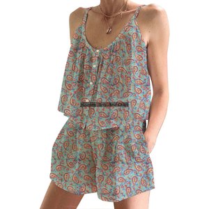 Ensemble de pyjama en coton doux imprimé à la main de Jaipur, Inde, motif floral, printemps/été, ensemble de pyjama ajusté sans manches à bretelles - Product Image 3