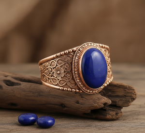 Rudra Gems 14K Or Bohème Hommes Mode Bracelet Fabriqué À La Main Naturel Lapis Lazuli Cabochon Tibétain Argent Taille Réglable - Product Image 1