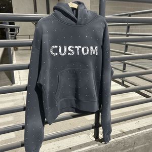 Low MOQ Fast Shipping Custom Rhinestone Hoodie <b>Grey</b> Streetwear <b>Men</b> Pullover 100% Cotton Heavyweight Hooded <b>Sweatshirts</b> - Product Image 1