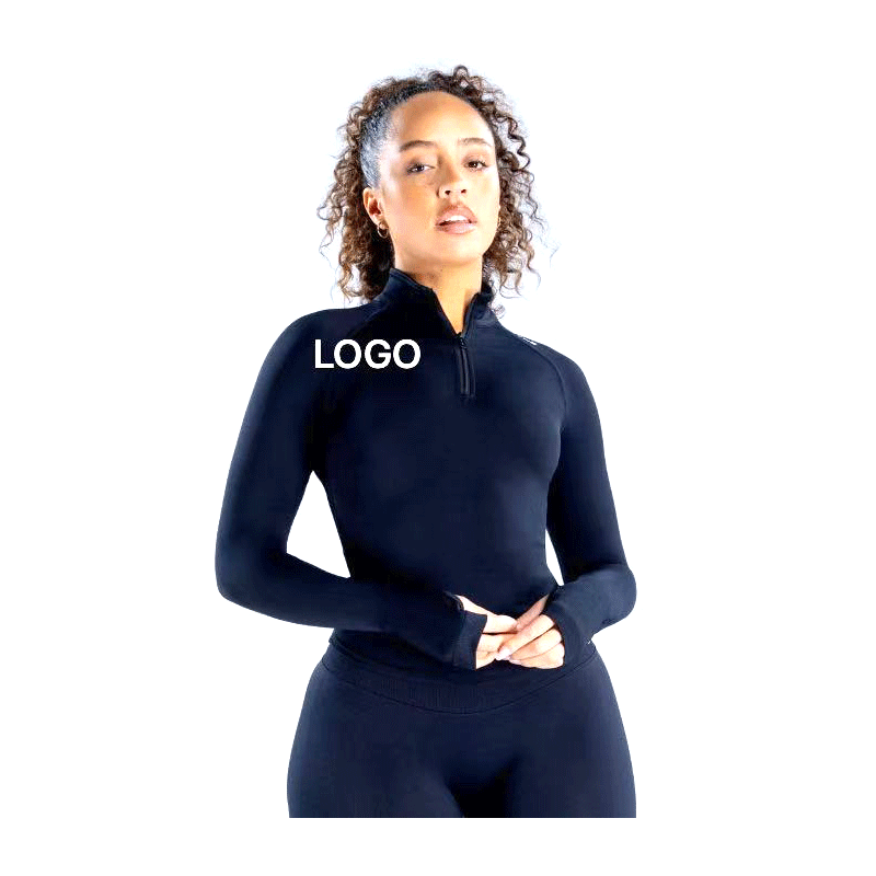 Custom Logo Lightweight Yoga Long Sleeve Slim Fit Front Stand Collar Half Zipper Wrap-Up Style Top for Yoga Practice