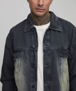 Venta al por mayor por encargo de talla grande chaqueta de calle para los hombres transpirable piedra desteñido lavado Vintage Hip Hop chaqueta de mezclilla - Product Image 2