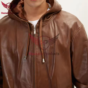 Mens Real Brown Leather Hooded <b>Jacket</b> Drawstring Hood Zip Pockets <b>Sheepskin</b> Cognac Bomber Coat Custom Casual Winter Outerwear - Product Image 3