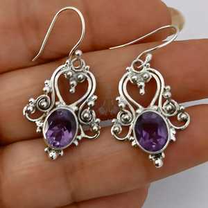 Boucles d'oreilles pendantes en améthyste faites à la main, argent sterling 925, bijoux bohèmes en pierres précieuses - Product Image 1