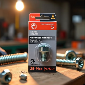 Galvanised <b>Flat</b> Head <b>Screw</b> DIN 603 M12x100 with Square End & Hex Nut 25-Piece Pack - Product Image 3