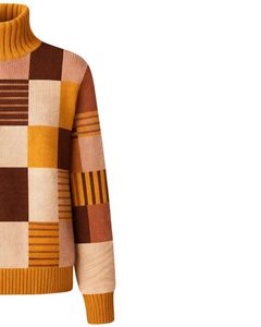 Pull en tricot patchwork à col roulé pour femme, personnalisé, de qualité supérieure, doux, chaud, pull d'hiver décontracté, haut tendance, couleur marron moutarde - Product Image 4