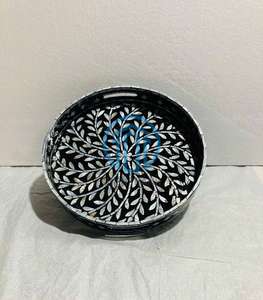 Plateau artisanal en nacre, incrustation de coquillages naturels, plateau de service décoratif pour salon, plateau de service en bois - Product Image 4