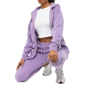 Women's Eco-Friendly Custom <b>Purple</b> Thick Cotton Fleece Zip Tracksuit Oversized Hoodie Sweatpants Solid Print Fashionable - Product Image 6