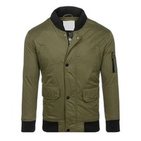 Blouson bomber matelassé unisexe vert olive coupe-vent décontracté avec fermeture éclair, col rabattable et poches, idéal pour l'automne