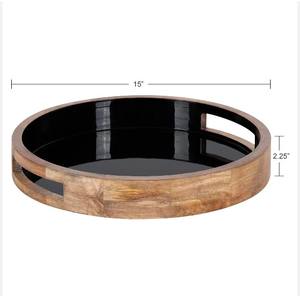 Plateau en bois écologique avec finition naturelle et accents noirs Plateau de service décoratif fermier pour usages multiples - Product Image 3