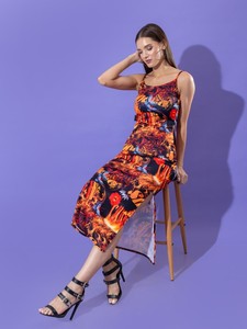 Multicolor diseño gráfico Bodycon cuello redondo mujeres Midi vestido para verano sin mangas elegante vestido de mujer hecho en La India - Product Image 5