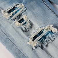 Jeans décontractés pour homme avec logo personnalisé, style moto déchiré, bleu uni, mode streetwear, patchwork, effet délavé, coupe droite