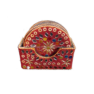 Lujosa artesanía Black Lac Glitter Mirror Cut Work Coaster Set con soporte Accesorios de cocina Nogal hecho a mano, posavasos - Product Image 5