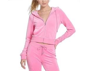 Women's <b>Pink</b> Hooded <b>Tracksuit</b> Full Sleeve Zipper Front Solid Color Casual Sportswear Jogging Set With Side Pockets - Product Image 1
