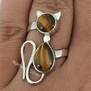 Handmade Tiger's Eye Sterling Silver Cat <b>Ring</b> Boho <b>Statement</b> Jewelry for Her for Birthday Anniversary Valentine's Day Gift - Product Image 3