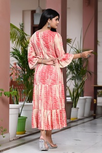 New Traditional Summer Wear Printed Cotton Long Sleeve O-neck Long Vintage Beach Maxi <b>Kurti</b> for Women - Product Image 4