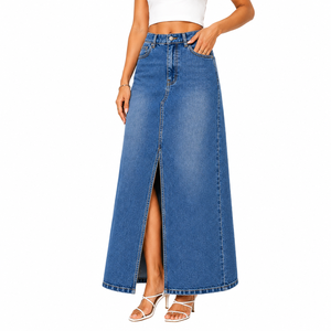 Jupe en jean personnalisée pour femmes |   Jupe longue en jean avec fente avant |   Jupe en jean bleu délavé taille haute |   Jupe en jean vintage - Product Image 3