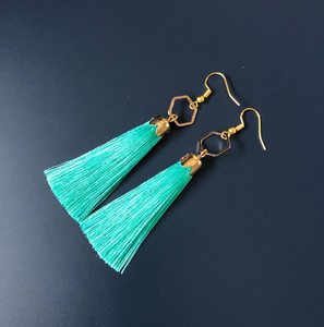 Dangle Hexagone Tassel Boucles d'oreilles/Boucles d'oreilles en argent sterling/Boucles d'oreilles bohème Fringe Tassel Boucles d'oreilles-Or-Long - Product Image 1