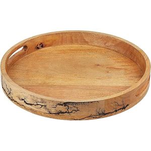 Bandeja redonda de madera Bandeja de madera hecha a mano con asa Bandeja de utensilios de cocina decorativa de madera maciza hecha en la India - Product Image 5