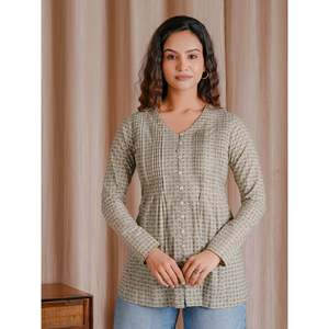 Camiseta de Mujer Estilo Coreano, 100% Algodón Tejido Transpirable, con Botones y Diseño de Puntos, Tallas XS XXS, Color Gris Verde, Top Corto de Algodón Butti - Product Image 4