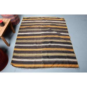 Alfombra de lana clásica turca Vintage, tejido plano hecho a mano de 4,2x5 pies con patrón de retazos a rayas negras y amarillas para adolescentes - Product Image 1