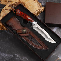 Pisau Berburu Fixed Blade Clip Point untuk Aktivitas Luar Ruangan dan Survival dengan Tepi Bevel, Full Tang, Gagang Kayu & Tali Kulit untuk Berkemah