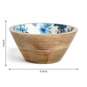 Bol à salade en bois de manguier émaillé bleu floral, intérieur imprimé motif poire, plat de service en bois pour cuisine, table à manger, décoration intérieure, cadeau - Product Image 1