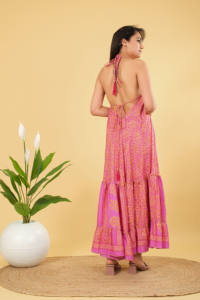 Indian Handmade <b>Silk</b> Floral Printed Floor-Length V-neck Formal Party Halter <b>Dress</b> Summer Women's - Product Image 5
