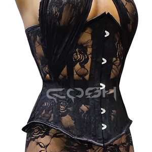 Corsé sexy gótico negro de encaje con tirantes de sujetador y varillas de acero, con leggings florales a juego - Product Image 3