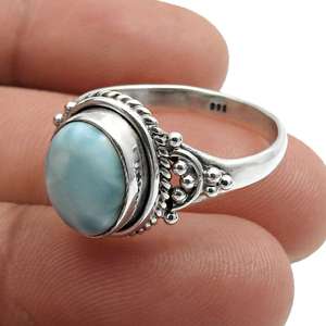 Bague bohème en argent sterling 925 avec pierres précieuses naturelles en larimar de coupe ovale, nouvelles bagues de mariage délicates et tendance - Product Image 2