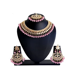 Luxury Bohemian Kundan Necklace Set with Light <b>Pink</b> Beads 24K Gold Plated Fine Jewelry for Weddings Stainless Steel Copper - Product Image 1