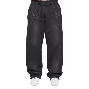 High Quality Lightweight Men's Baggy Straight Leg Elastic Waist Rhinestone Acid Wash Sweatpants 50+ Casual Loose Gym Joggers - Product Image 1