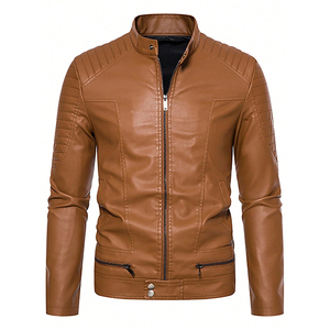 Veste en cuir marron pour hommes de haute qualité en peau d'agneau véritable vieilli mince col montant haut d'hiver vente en gros - Product Image 3