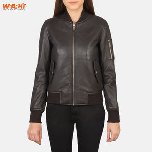 Chaqueta Bomber de invierno con cremallera ajustada de cuero genuino de cordero auténtico para mujer, cuello levantado con bolsillos, ropa de calle teñida lisa, prendas de vestir - Product Image 1
