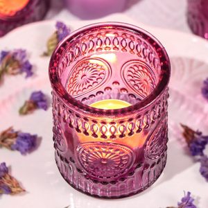 Traditional Purple Glass Candle Holder Glass <b>Jar</b> Scented Candle Gift Set of Sic Pieces for Home Decoration Indian Supplier - Product Image 1
