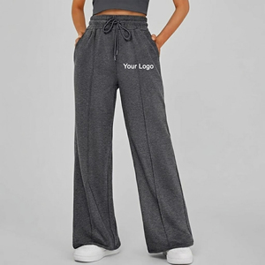 Hot Selling 100% Cotton Fleece <b>Elastic</b> Waistband Drawstring Closure Casual Style Mid Waist Lightweight WIde Leg Sweatpants - Product Image 4