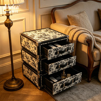 Commode de rangement vintage à motif floral, table de chevet rotative à 360 degrés à 3 tiroirs, table d'appoint en cuir chic à la française pour chambre à coucher