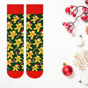Colorful Christmas Themed Sock Breathable Gingerbread Man <b>Candy</b> <b>Cane</b> Design Bows Pattern One Size Fits All for Winter Season - Product Image 1