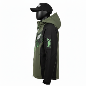 Chaqueta Softshell para Hombre, Premium, 300 GSM, Tejido Softshell Resistente al Viento, Color Verde Oliva con Paneles en Contraste Negro, Logotipo Personalizado - Product Image 3