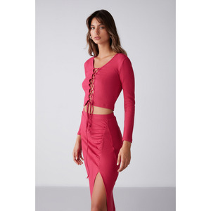 ETHIQUET Agneska Blouse courte à manches longues pour femme, col en V, en tissu extensible, style tricoté, avec lien croisé - Product Image 5